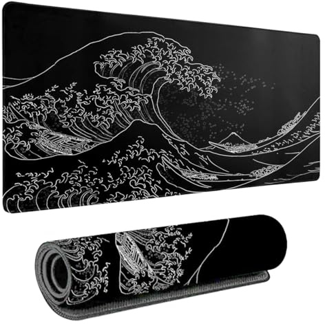 Rairsky Havsvågor musmatta, 800 mm x 300 mm musmatta XXL spel | 3 mm tjock halkfri gummi, spelmusmatta, musmatta anime, musmatta med design för dator, PC, bärbar dator (havsvåga, svart)