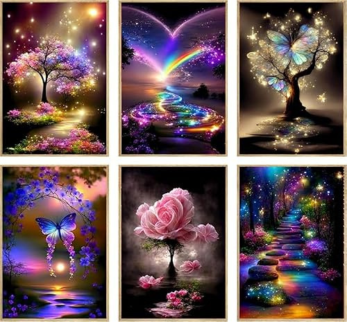 6 Pack Diamond Art Kits for Adults - Butterfly Flower Diamond Painting - Landscape 5D DIY Full Drill Round Gem Painting Dot Art Sets for Home Wall Decor 8×12 Inch