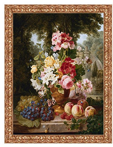 LuxHomeDecor Quadro stampa su tela William John Wainwright A Vase of Summer Flowers and Fruit con cornice in legno oro classico misura 53x43 CM