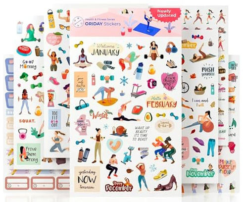 Oriday Health & Wellness, Workout - Set of 366 Stickers, 6 Sheets for Fitness Stickers - Mom, Student, Habit Tracker, for Monthly, Weekly & Daily Planner, Calendar or Journal - Sticker Book for Women
