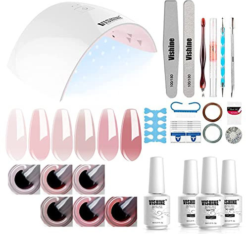 Vishine Komplettset Nagellack semi-permanent LED-Lampe 36W, Nageltrockner 6 Fläschchen Jelly Pink Gel-Nagellack Top Base Coat komplette Maniküre Werkzeug, Nail Art, Starter-Set #054