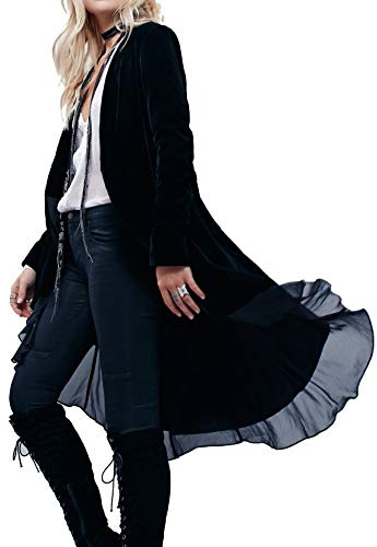 R.Vivimos Automne Hiver Femme Manteau à Volants En Velours Casual Vintage Veste Longue Sans Col Classique Swallowtail Hem Blazer(S,Black)