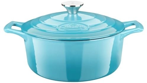 La Cuisine 2175MB Gusseisen Bratentopf Topf Schmortopf Cocotte Brotbacktopf emailliert mit Deckel Induktion Backofengeeignet rund 26x15 cm 4.75 L. Hellblau