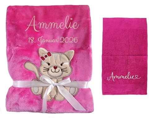 Wuff-Dogsworld Personalisierte Baby Decke mit Katzen Motiv und Namen/Geburtsdatum Bestickt + Kinderhandtuch Bestickt als Geschenk für Mädchen (Himbeer Katze)