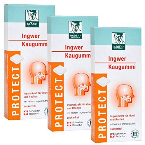 BADERs PROTECT Ingwer Kaugummi aus der Apotheke. Mit den Scharfstoffen der Gingerole. Ideal auch bei Reisen. 3 x 20 Kaugummi-Quadrate