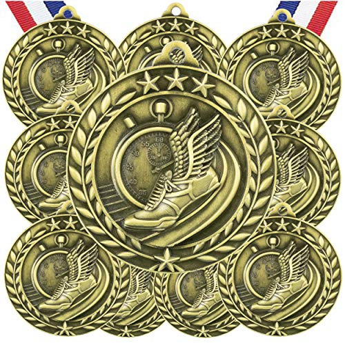 10 Pack Track Gold Medals Trophy Award with Neck Ribbons WAMG-976