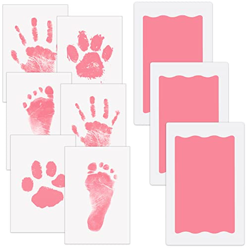 Nabance Kit Empreinte Pieds et Mains Bébé, Bébé Empreinte avec Tampon Encreur, Kit Empreinte Chien, Tampon Encreur Empreinte de Main et Pied de Bébé, Souvenir Familial 0-6 Mois （Rose）