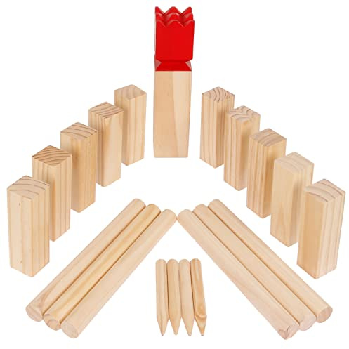 Kubb Juego grande con rey de 30 cm, juego de madera, ajedrez vikingo, juegos de exterior – ajedrez sueco – juegos de jardín de madera para exteriores – juego de lanzamiento deportes de jardín