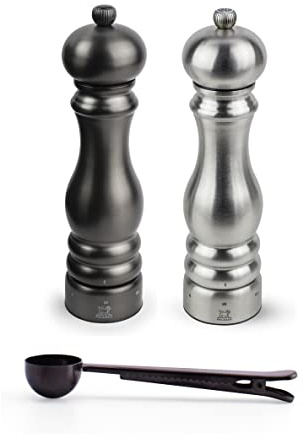 Peugeot Paris u'Select 6 Setting Manual Salt & Pepper Mill Set With Black Stainless Steel Spice Scoop Made In France (Silver & Carbone, 9- Inch)