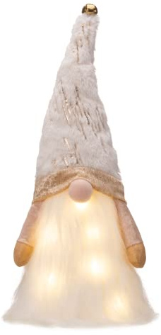 Valery Madelyn Lighted Christmas Tree Topper Gnome with Timer, 16.5 White and Gold Fabric Cute Santa Gnome Tree Topper with LED Lights for Party Ornaments Christmas Decoration Indoor, Battery Operated