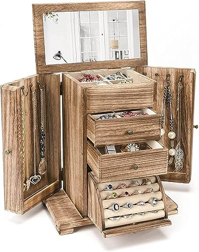 Emfogoo Boîte à Bijoux pour Femme, Grande Rustique Boite a Bijoux Bois avec Miroir, Boite Rangement Organisateur Bijoux 4 couches pour Colliers, Boucles D'oreilles, Bagues, Bracelets