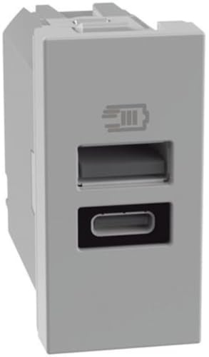 BTICINO MatixGO Presa di corrente con porta USB 1 modulo Grigio JG4191AC Caricatore USB con una porta tipo A e una tipo C, 15W