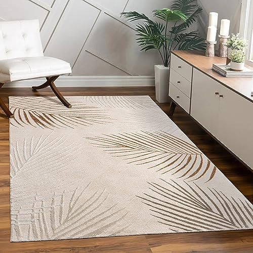 Paco Home Teppich Wohnzimmer Schlafzimmer Moderner Kurzflor glänzendes Palmen-Muster Florales Design Geometrisch Hoch-Tief-Effekt 3D, Grösse:120x160 cm, Farbe:Beige 2