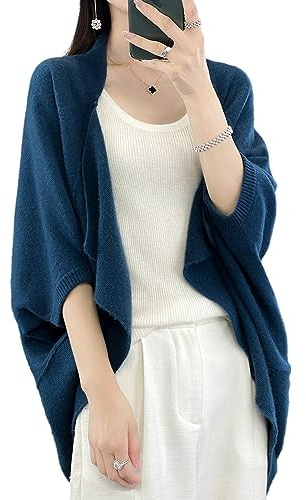 Maglione da donna in lana merino, lavorato a maglia, aperto sul davanti, poncho Ruana per autunno inverno, Blu marino, Taglia Unica