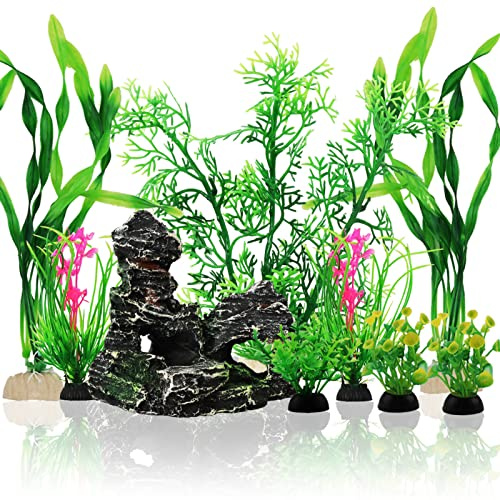 QUOZUO 9 piezas de decoración para acuario, plantas de plástico verde con resina para acuario, cueva de peces, adornos para tanques