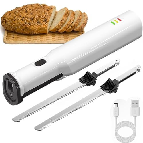 Cuchillo eléctrico para trinchar carne, cuchillo cortador de pan recargable inalámbrico, con dos cuchillas dentadas y liberación de gatillo de bloqueo de seguridad, para tallar pan, pavo, aves de