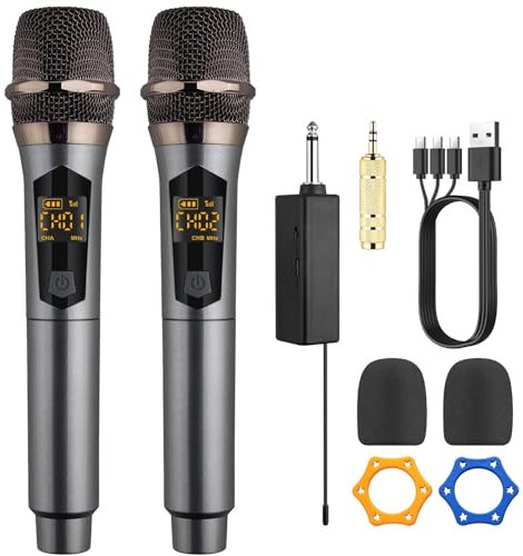 LiNKFOR Sistema de Micrófono Inalámbrico Recargable Dual UHF Micrófonos de Mano Dinámicos con Receptor para Karaoke Fiestas DJ Bodas Altavoces Amplificador Sistema PA