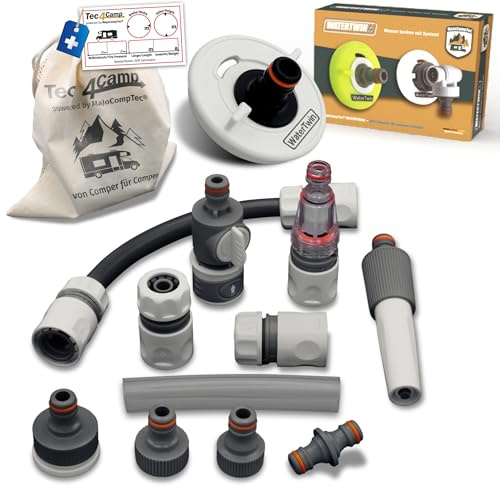 MaJoCompTec® WATERTWIN Adaptador de llenado de agua, adaptador de depósito compatible con conexión Gardena, accesorio para tapa de depósito para autocaravanas (adaptador de 3 pines D: 78 + juego de