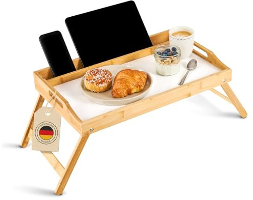 Blumtal Plateau de lit en bambou avec barre en bois pour tablettes et téléphones - Support ordinateur portable lit - Plateau lit pliable 50 x 30 x 6 cm - Plateau ordinateur portable et stable - Blanc