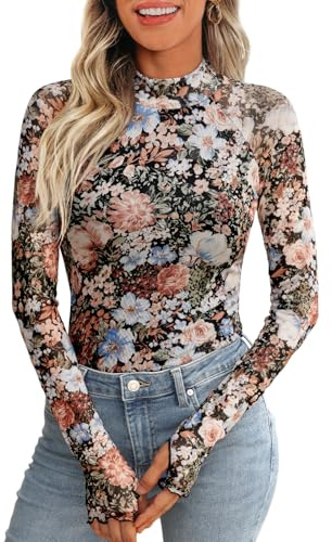 Dealmore Lace Sheer Long Sleeve Floral Mesh Mockneck Trendy Cute Going Out Tops for Women Fall Fashion Outfits 2025 Clothes Floral Fierce M