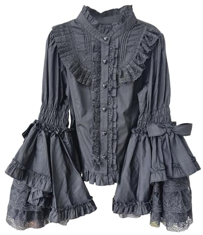 Cuteighteen Lolita Chemisier victorien à manches longues pour femme, chemise gothique Renaissance vintage en dentelle à volants