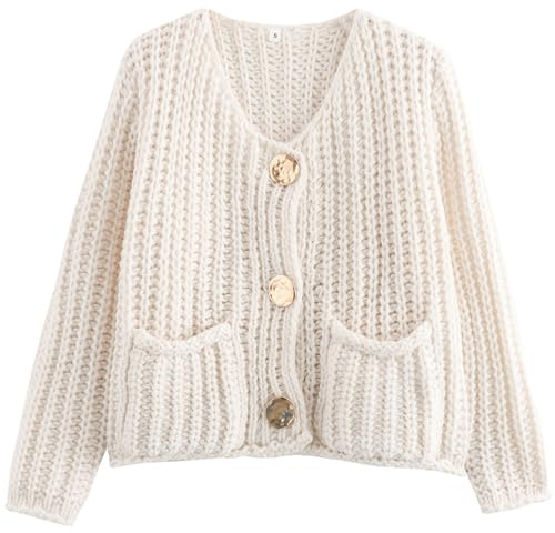 Arssm Womens Cropped Cardigan Sweaters Chunky Open Front Button Down Knit Sweater Long Sleeve Loose Cardigan Outerwear(Beige-S)