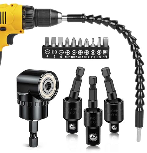 Flexible Drill Bit Extension Right Angle Drill Attachment Set, 360° Rotatable 1/4 3/8 1/2 Impact Grade Socket Adapter Set, Super Bit Shaft Extension Bits, Screwdriver Bit Set