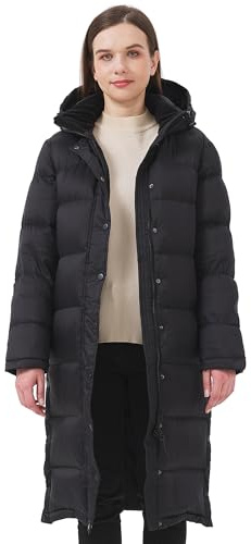 ANYIELIEMO Piumino lungo da donna in piuma d'oca con fodera che trattiene il calore, ispessito, invernale, caldo, con cappuccio e spacco sull'orlo (US, alfa, L, regolare, nero)