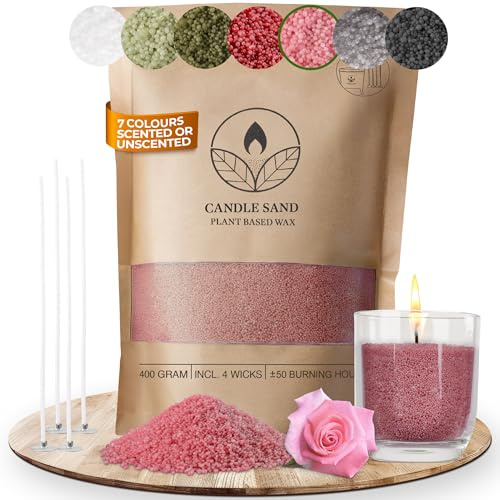 comforder Sabbia per candela con profumo e stoppino, aroma, granulato di cera per candele, set fai da te, 400 g, granuli, 4 stoppini per candele (rosa, rosa)