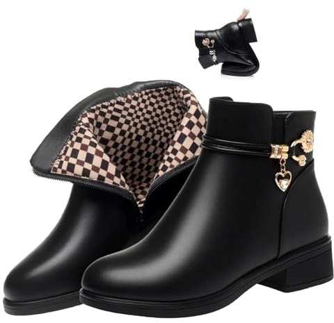 MASHANGGOU Stivali ortopedici da donna in vera pelle, impermeabili, alla caviglia, caldi, con tacco a blocco, con strass, stivali corti da neve (40EU, nero)