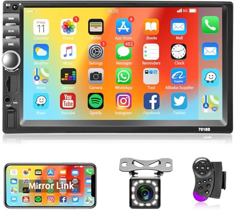 Rimoody Autoradio 2 Din mit Bluetooth Freisprecheinrichtung IOS/Android Mirror Link 7 Zoll Autoradio Doppel Din mit Bluetooth FM Radio USB/AUX/TF Lenkradsteuerung Rückfahrkamera