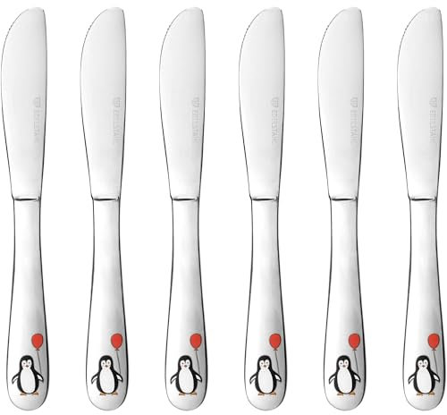 GRÄWE Kindermesser 17 cm, 6-teilig, Kinderbesteck Set, Edelstahl Besteckset, Messer für Kinder, für Mädchen, für Jungen, ab 3 Jahren, Motiv Pinguin