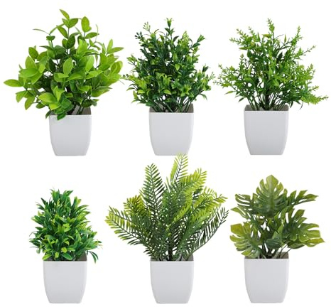 KITDAHOM 6 små konstgjorda växter – konstgjorda växter plast 6,5 x 6,5 x 20 cm – plastmaterial – för inomhusdekoration – lämplig för sovrum, badrum, kök, kontor (grön)