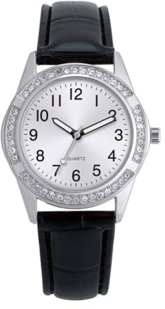 COMTEX Ladies' Quartz Watch with Crystal Bezel, Black Leather Strap, Silver dial with Arabic Numerals, Stylish and Elegant Women's Watch