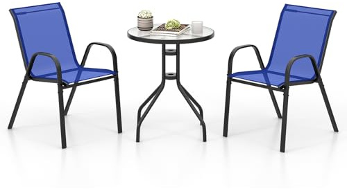 COSTWAY 3-delat balkongmöbel-set, bistrobord med 2 staplabara stolar, bistroset, balkongset, trädgårdsset, trädgårdsgarnitur, trädgårdsmöbler, sittgarnitur, sittgrupp för trädgård, balkong (Blå)
