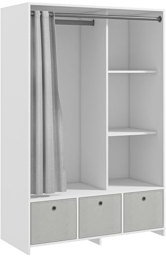 HOMCOM Armadio Camera da Letto con 3 Cassetti in Tessuto Effetto Lino e 3 Ripiani, Armadio Guardaroba Salvaspazio Multiuso con Asta Appendiabiti, 105x48x160 cm, Bianco e Grigio Chiaro