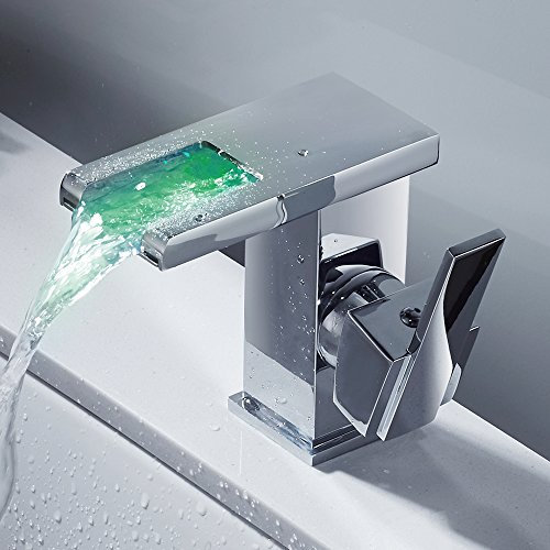 Rubinetto per lavabo da bagno con luce LED a cascata, miscelatore monocomando in ottone e vetro, rubinetto acqua fredda e acqua calda (argento)