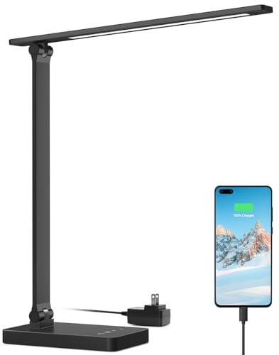 Lepro LED Desk Lamp with USB Charging Port,650LM Dimmable Home Office Touch Control Reading Table Lamp,5 Color Modes with 5 Brightness,College Dorm Room Essentials, Eye Caring, Sewing, Crafting, Black