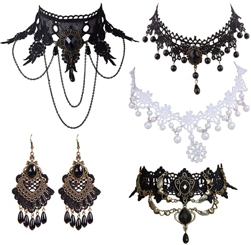 Faccubee 5 Pieces/Set Halloween Sexy Jewelry Women Lady Elegant Goth Gothic Steampunk Lace Choker Necklace Black Neck Chain Collar Statement with pendant Victorian Wedding Party + Earrings
