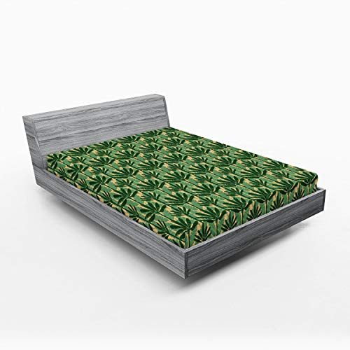 Ambesonne Banana Leaf 2 Pack Fitted Sheet, Windmill Palm Trees, Bed Cover All-Round Elastic Deep Pockets 2 Pieces, Package Contains 2 Full Size Fitted Sheets, Pale Yellow Jade Green
