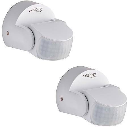 Oktaplex Bea 2er Set Bewegungsmelder Aussen 230V IP65 schwenkbar 180° & 360° Bewegungssensor 12m Reichweite 230V Weiss Aufputz Infrarot-Sensor