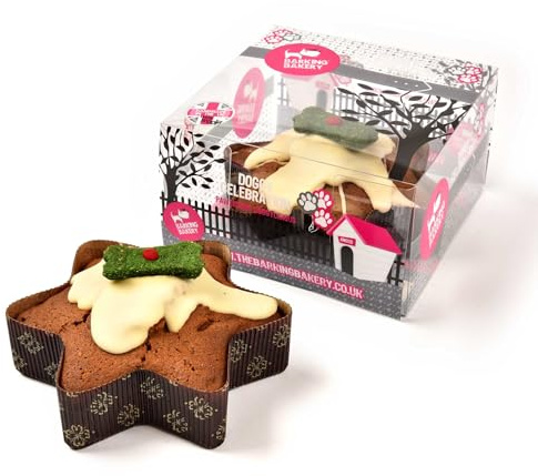 Gâteau de Noël en forme d'étoile pour chien. Éponge à la vanille arrosée de glaçage au yaourt à la vanille. Cadeaux de Noël pour chien, calendriers de l'Avent et cadeaux de Noël The Barking Bakery.