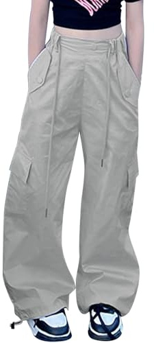 Pantalon Cargo Enfant Fille 4-13 Ans Militaire Pantalon Cargo Baggy Fille Jambe Large Taille Elastique Chic Confortable Pas Cher Sport Casual Vacances Jogging Streetwear (Gris, 12-13 Ans)