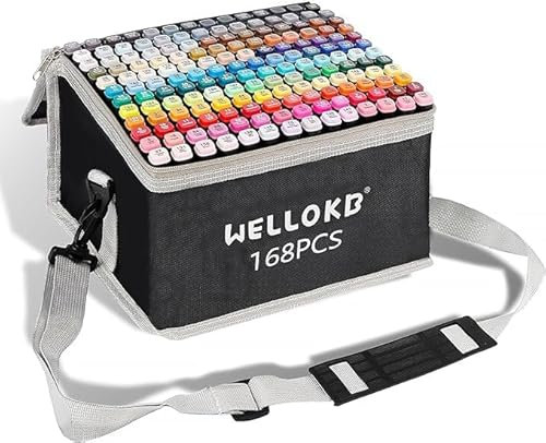 WELLOKB Alcohol Markers, Dual Tip Permanent Art Markers for Coloring, Illustrations, and Sketching, Includes Case for Easy Storage, Alcohol, Based Ink Ideal for Book Painting and Card Making (168)