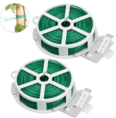 Dokeno 2 Rollos Alambre de Jardín, 100M Lazos de Torcedura para Planta con Cortador Giratoria Alambre Plastificado Verde Cuerda de Alambre para Jardinería Hogar y Oficina
