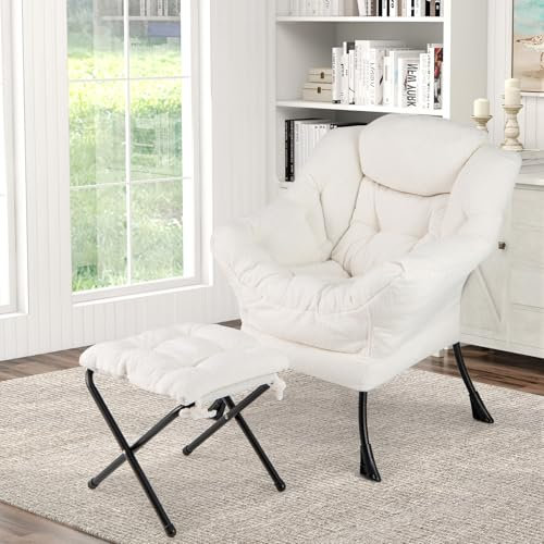 COSTWAY Fauteuil Salon Scandinave avec Repose-Pieds, Fauteuil Relax en Sherpa avec Oreiller et Poche Latérale, Fauteuil Chambre pour Lecture, Cadre en Métal pour Charger 150 KG (Beige)