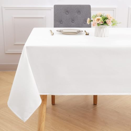 smiry Rectangular Table Cloth Wipe Clean 140x300 cm, White | Wipeable Water Resistant Linen Tablecloth, Fabric Washable Dining Table Cover for Kitchen Indoor Outdoor