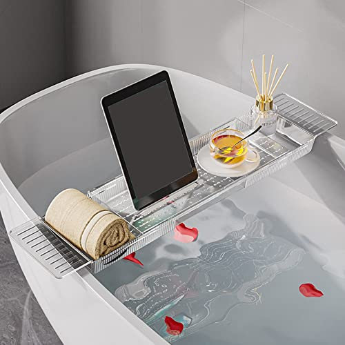 Bandeja ajustable para bañera, extensible, divisor retráctil para cocina y baño, multifuncional, 22.2 pulgadas de largo x 6.9 pulgadas de ancho x 1.8 pulgadas, verde/transparente