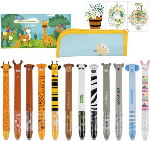 Noosverl Set di 12 penne gel cancellabili bicolore a forma di cervo e carte da colorare, per la scuola e l'ufficio