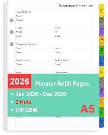 Tiankool 2026-27 Planner Refill for A5 6-Ring Binder,Weekly & Monthly Planner Inserts Runs from Apr 2026 to Jun 2027, 5-3/4 x 8-1/4